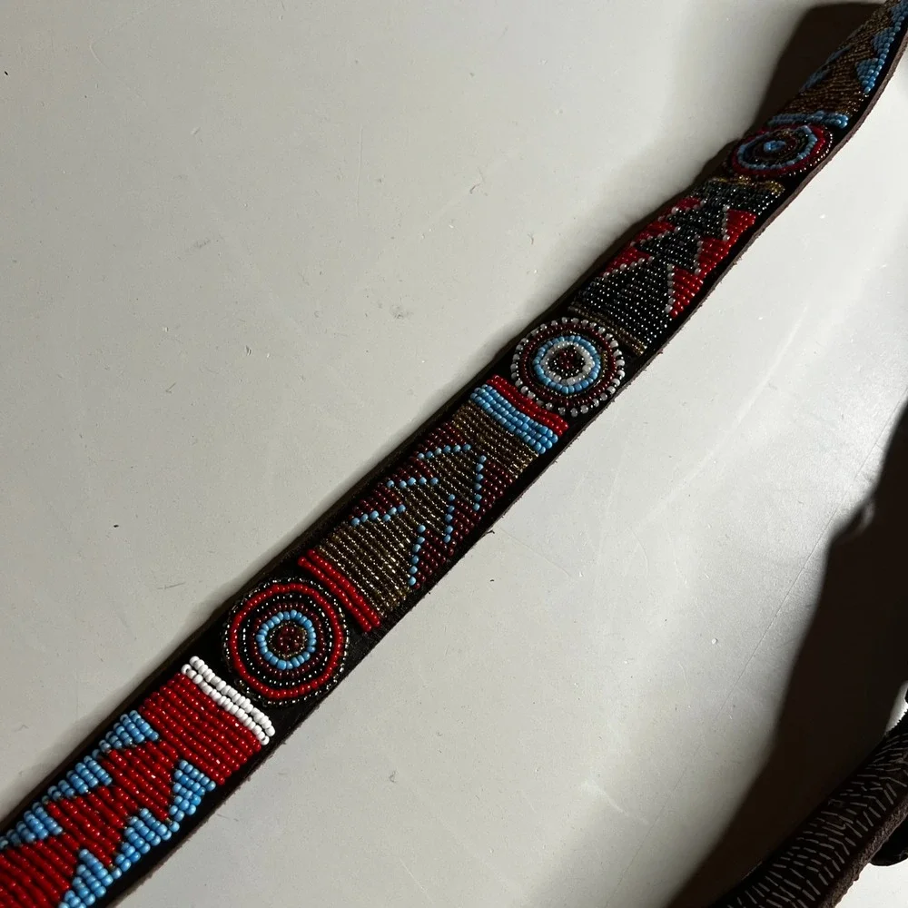 Vintage Southwestern Beaded Leather Belt Brown Geometric Native Style 33-37 Inch